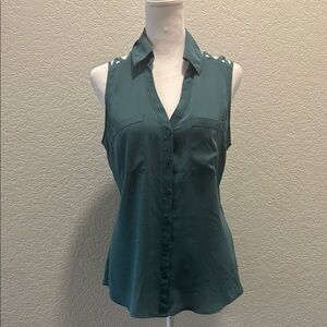 Express Green Embellished Notched Collar Blouse